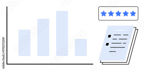 Bar graph with increasing and decreasing bars, a stack of papers symbolizing documents, and a five-star rating box. Ideal for analytics, quality control, reporting, reviews, statistics, performance