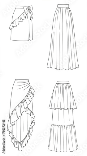 Set of four technical fashion flats for women's skirts: ruffled wrap, tiered, and pleated maxi styles.