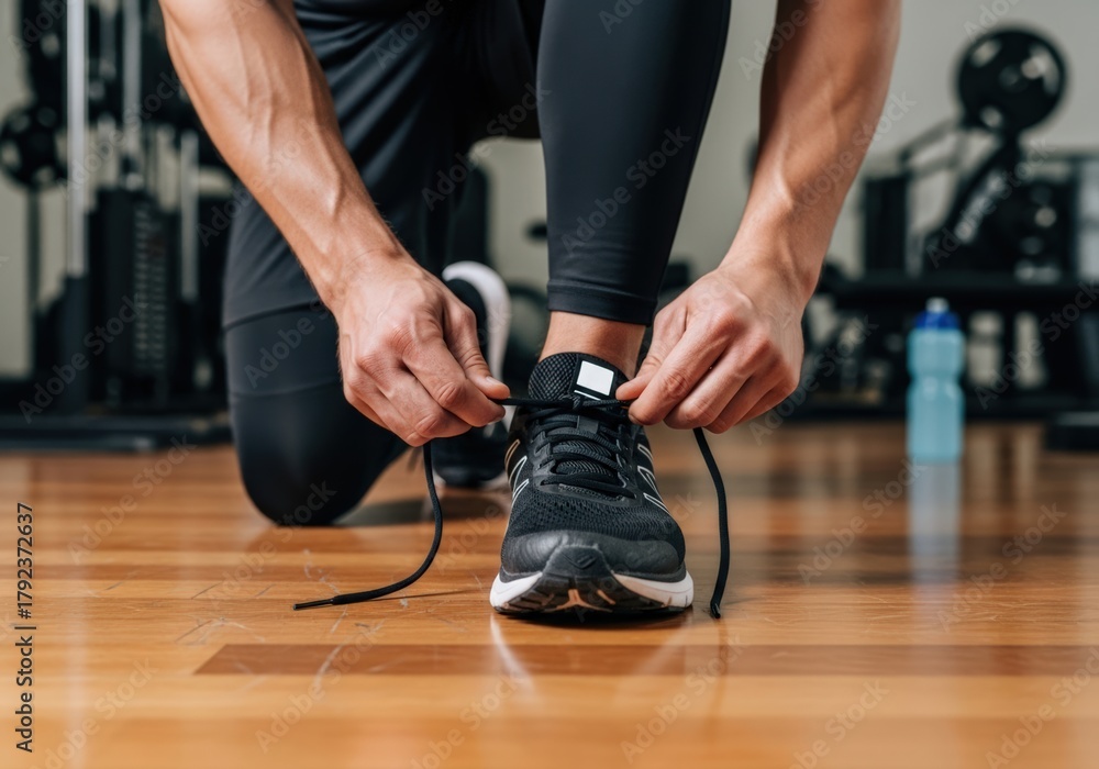 Fototapeta premium Man tying shoelaces before workout in a gym, getting ready for exercise