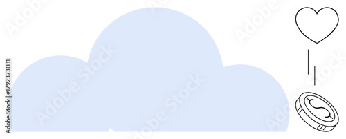 Cloud shape paired with a heart and coin, suggesting online donations, financial services, and charity. Ideal for technology, finance, generosity, philanthropy, online giving innovation simple flat