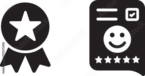 Review badge icon silhouette showing star medal symbol in clean isolated vector style.