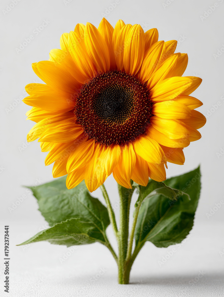 Obraz premium Single sunflower with leaves against a plain background.