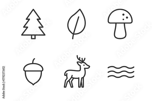 Nature outline icons: tree, leaf, mushroom, acorn, deer, waves