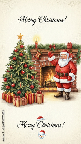 Watercolor Santa Claus and Christmas Tree with Fireplace, Vintage Holiday Greeting Card Design