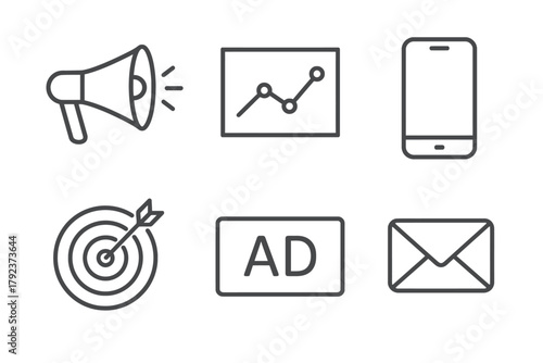 Digital marketing icons: megaphone, graph, smartphone, target, ad, envelope
