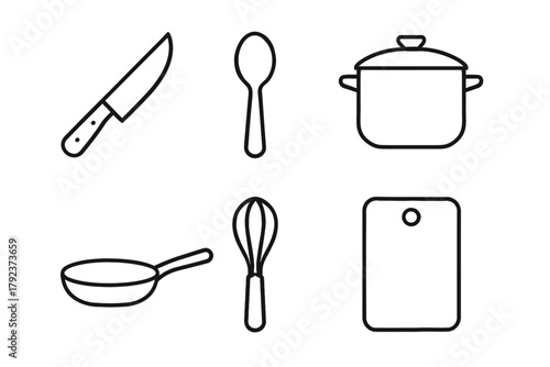 Simple kitchen utensils line icons: knife, spoon, pot, pan, whisk, cutting board