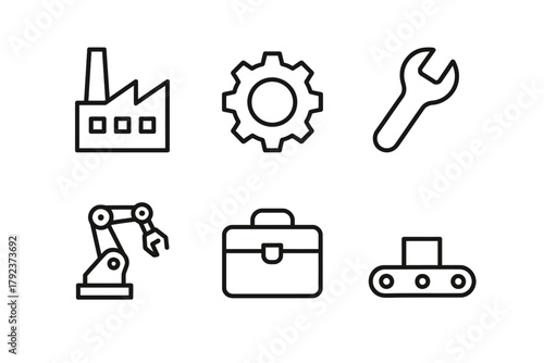 Industrial icons set: factory, gear, wrench, robot arm, briefcase, conveyor