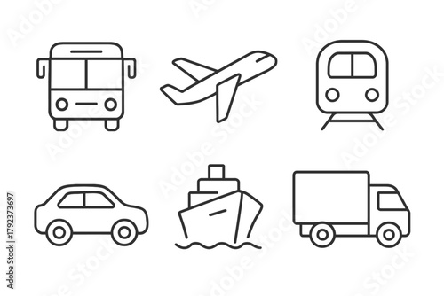 Simplistic icons of transportation modes including car, bus, train, airplane, ship, and truck