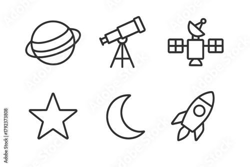 Simple space icons set featuring planet, telescope, satellite, star, moon, rocket