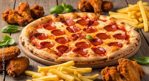 Delicious Pepperoni Pizza with Chicken Wings and French Fries Served on Rustic Wooden Table