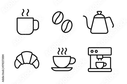 Coffee and breakfast icons: mug, beans, pot, croissant, cup, machine