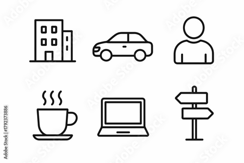 Minimalist icon set: building, car, person, coffee, laptop, signpost