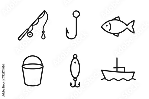 Fishing icons: rod, hook, fish, bucket, lure, boat line art set