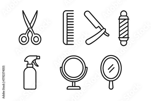 Barber tools icons: scissors, comb, razor, spray bottle, mirrors, barber pole