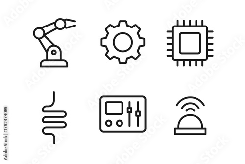 Industrial automation icons set with robotics and technology symbols