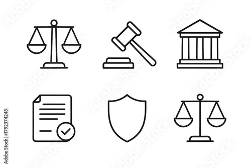 Law and justice icons: scale, gavel, courthouse, document, shield representing legal concepts