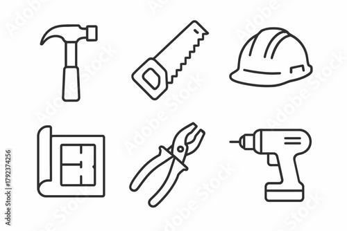 Construction tools icons: hammer, saw, helmet, blueprint, pliers, drill