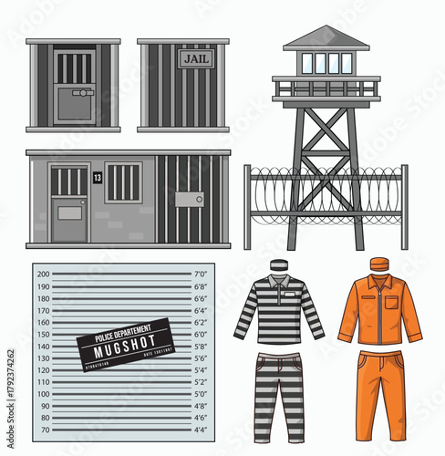 Prison and Jail Elements Vector Set with Guard Tower Illustration