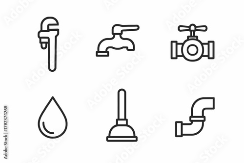 Plumbing tools and symbols: wrench, faucet, valve, water drop, plunger, pipe