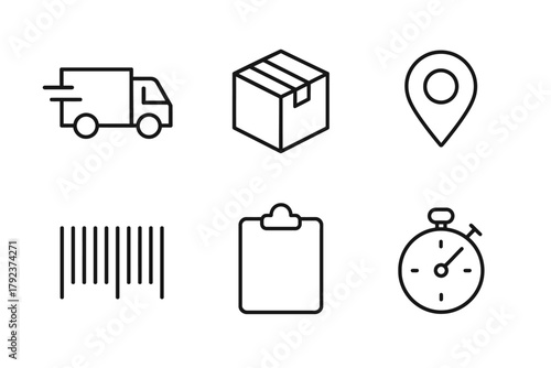 Delivery and shipping icons: truck, box, location, barcode, clipboard, stopwatch