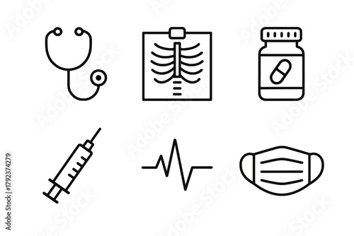 Healthcare symbols: stethoscope, x-ray, medicine bottle, syringe, heartbeat, mask icons