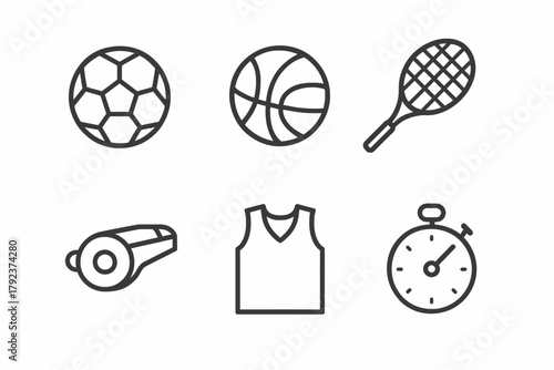 Outline icons of soccer ball, basketball, tennis racket, whistle, jersey, stopwatch