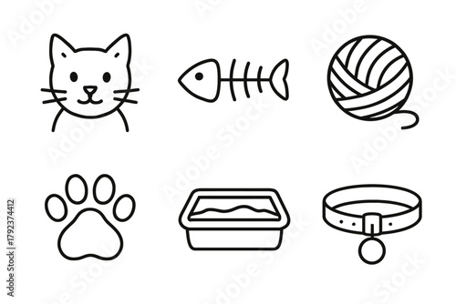 Cats and essentials: yarn, fishbone, pawprint, litter box, collar icons