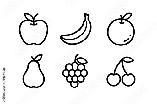 Outline icons of apple, banana, orange, pear, grapes, and cherries