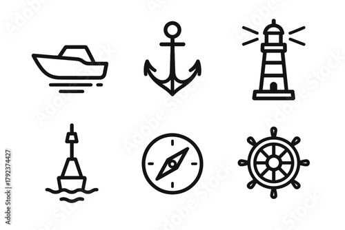 Nautical icons: boat, anchor, lighthouse, buoy, compass, ship wheel