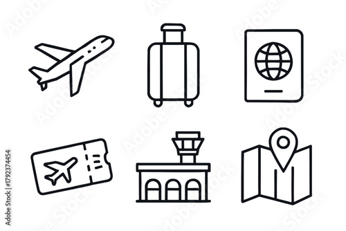 Air travel essentials: airplane, luggage, passport, ticket, terminal, map icons
