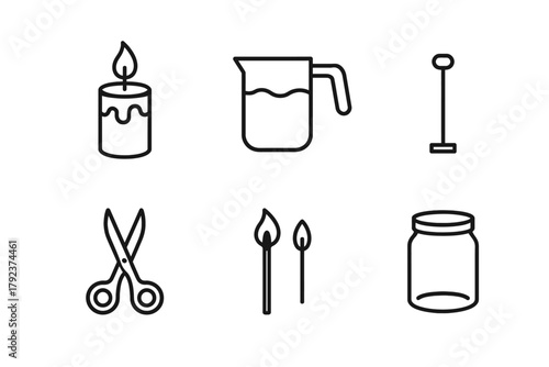 Candle making tools and supplies icons: jar, scissors, wick, wax, stirrer, matches