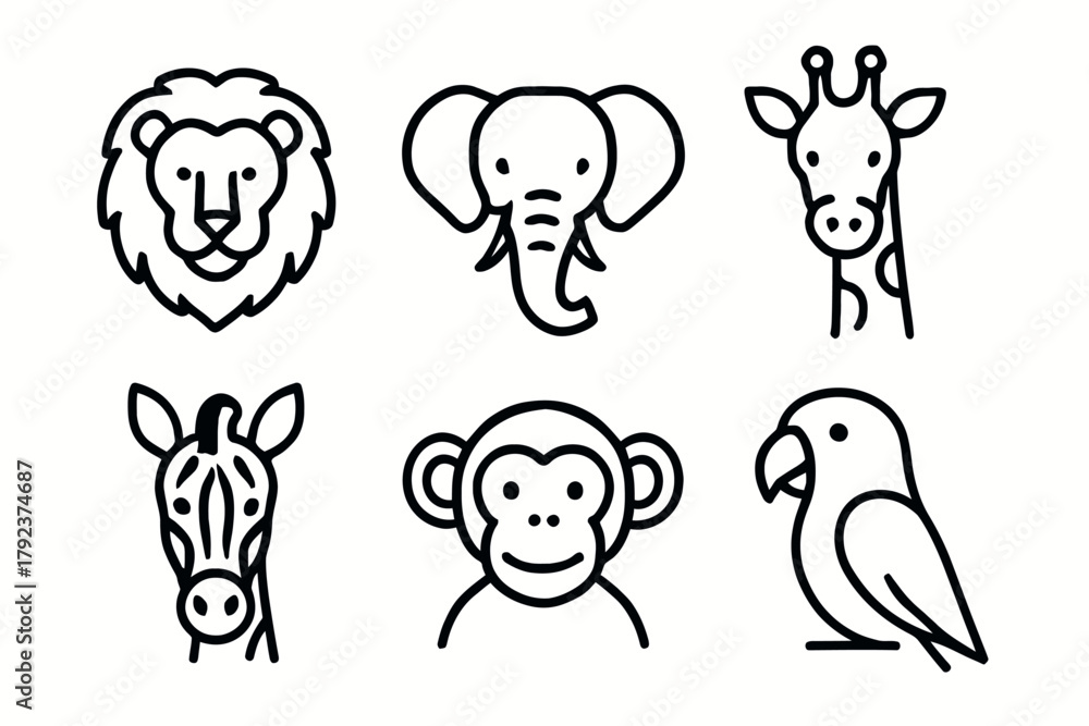 Naklejka premium Outline illustrations of various animals: lion, elephant, giraffe, zebra, monkey, parrot icons