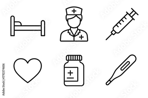 Healthcare icons: bed nurse syringe heart medicine thermometer symbols