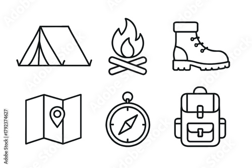 Camping essentials: tent, campfire, boot, map, compass, backpack icons