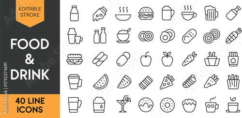 Food and drink line icons set, editable stroke, burger, sandwich, pizza, snacks, coffee, tea, juice, dessert, fast food collection