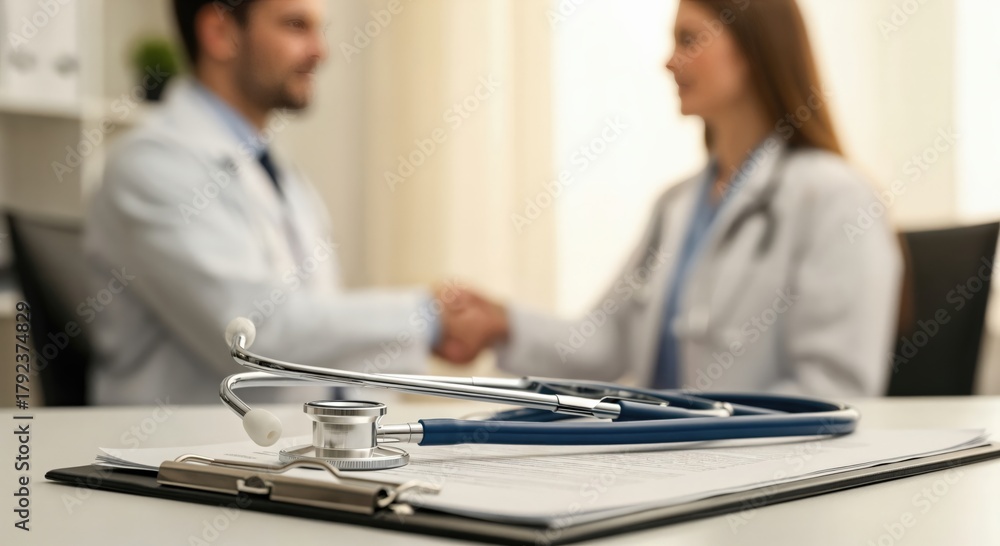 Obraz premium Professional Healthcare Consultation Between Male Doctor and Female Patient in Medical Office Setting