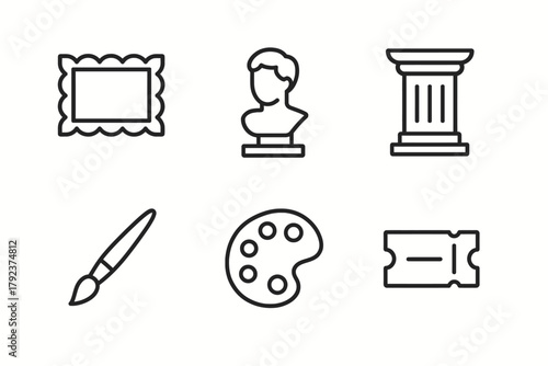 Art icons: frame, bust, column, brush, palette, ticket line art collection