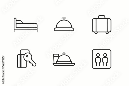 Hotel service icons: bed, bell, luggage, key, room service, restroom signs