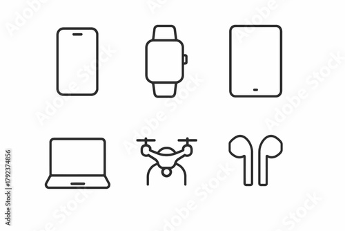 Icon set of smartphone, smartwatch, tablet, laptop, drone, and earbuds