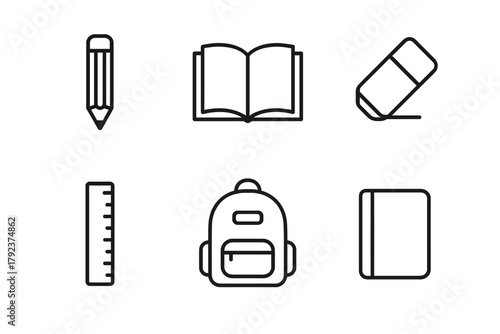 School supplies icons: pencil, book, eraser, ruler, backpack, notebook