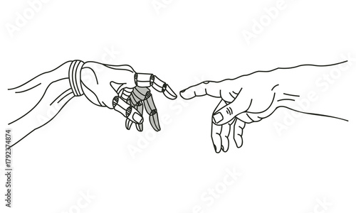 The creation of adam reimagined with a robot hand reaching out to a human hand, vector illustration