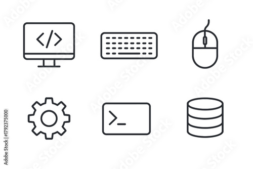 Minimalist tech icons: computer, keyboard, mouse, gear, command, database