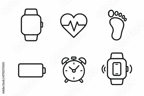 Smartwatch health icons: heartbeat, footprint, battery, alarm