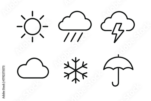 Weather icons set: sun, cloud, rain, lightning, snowflake, umbrella