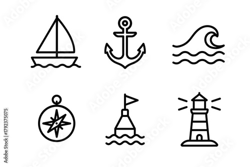 Nautical icons set featuring sailboat anchor wave compass buoy lighthouse