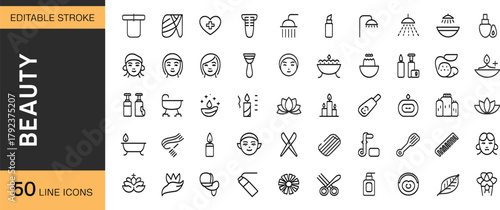 Beauty line icons set, editable stroke, skincare, spa, cosmetics, facial treatment, makeup tools, wellness, aromatherapy, salon, natural care collection