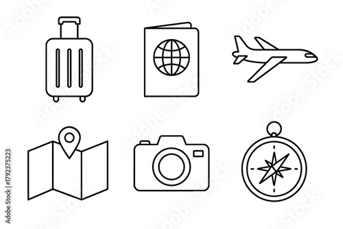 Travel icons: suitcase passport airplane map camera compass for journey planning