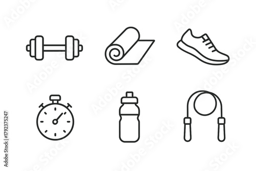 Essential fitness icons: dumbbell, mat, shoe, timer, water, rope