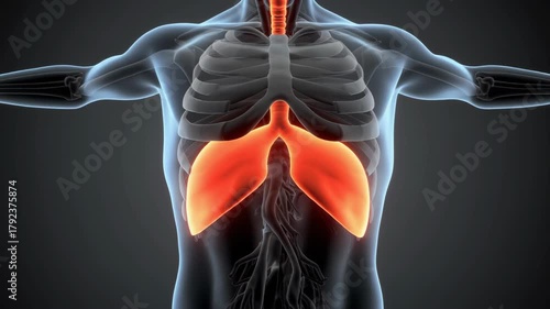 Animated human diaphragm muscle contracting and relaxing, showing respiratory process