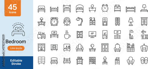 Bedroom line icons set, editable stroke, bed, nightstand, alarm clock, dressing table, lamp, dresser, wardrobe, cozy home furniture collection